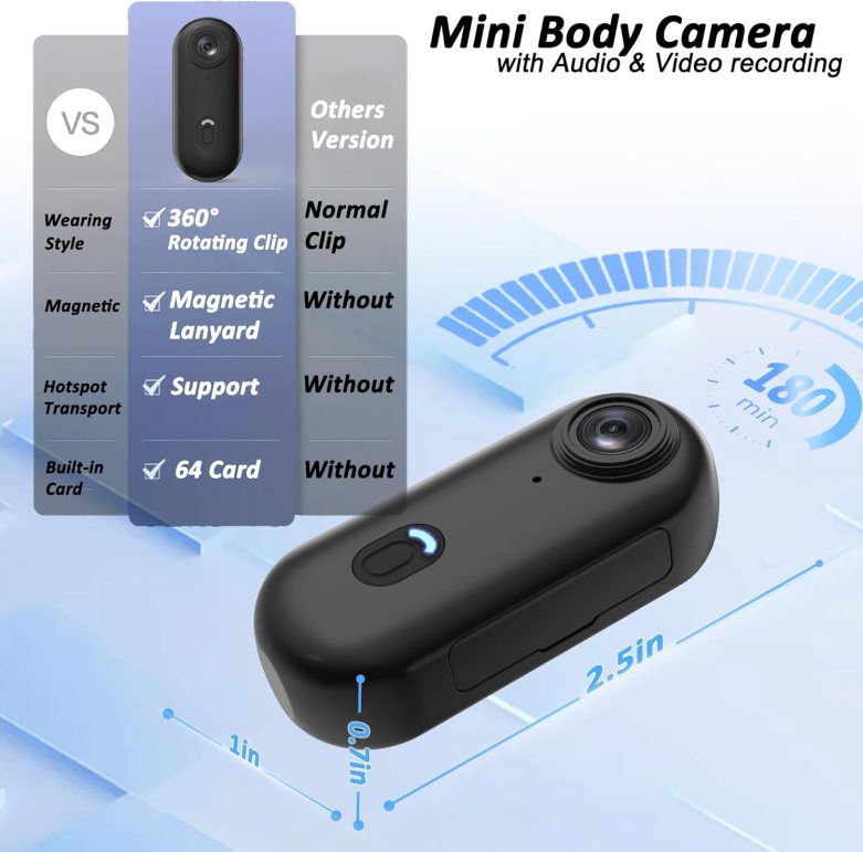 Action Mini Body Camera 128G with Audio & Video Recording - 1080p Personal Civilian Wearable Small Cam - Tiny Pocket Vlogging Portable Hands Free Worn POV Recorder - Travel Pets Baby Family - Image 3