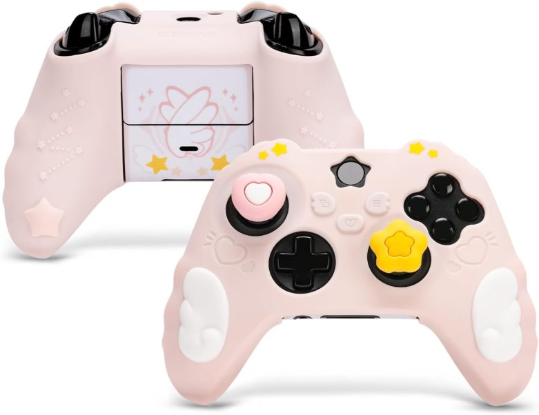 GeekShare Controller Skin Grips Set for Xbox Silicone Protective Cover Skin Case Compatible with Xbox Series X Controller with 2 Thumb Grip Caps and 2 Stickers - Star Wings Series - Pink
